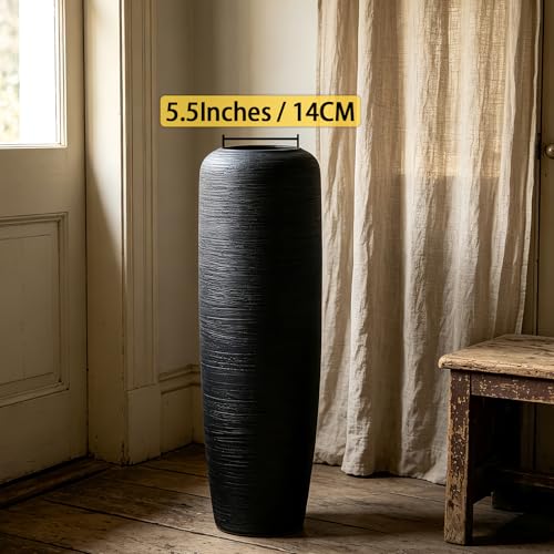 Black Rustic Ceramic Floor Vase, 24 Inch, Ribbed Texture - size: 23.6 Inch