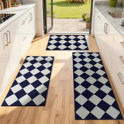 SHACOS Kitchen Rugs Set of 3 Checkered Kitchen Mats for Floo, Blue/White - color: Blue/White, size: 17"x30"+17"x47"+17"x59"