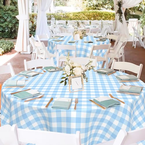 Mulbozy 2 Pcs Light Blue Gingham Round Plastic Tablecloth Disposable - color: Checkered-light Blue, size: 84" Round