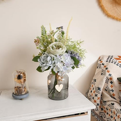 Fake Summer Flowers with Vase, Artificial Blue Dahlia & Rose Arrangement - color: Blue & Green