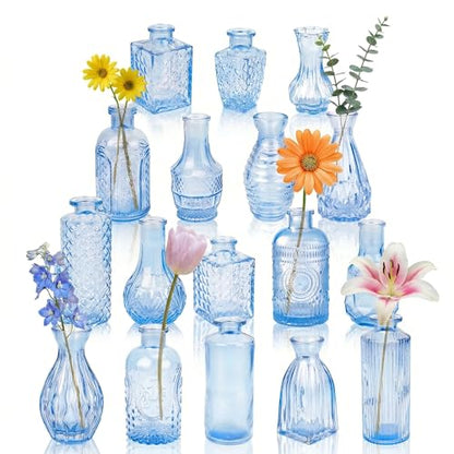 Glass Bud Vases in Bulk Small Mini Blue Vase for Flowers 17pc - color: Blue