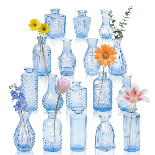 Glass Bud Vases in Bulk Small Mini Blue Vase for Flowers 17pc - color: Blue