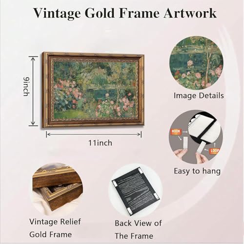 Gold Framed Canvas Wall Art Vintage Impressionist Rose Garden Pond Picture Wall Decor Rustic Farmhouse Floral Print Paintings Ideal for Living Room Bedroom Thoughtful gift and Home Decor 9x11 in - color: Rose Garden, size: 9"L x 11"W