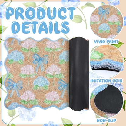 Dunzy Hydrangea Doormat Pink Blue Bow Scalloped Welcome Front Door Mat - style: Hydrangea Bow