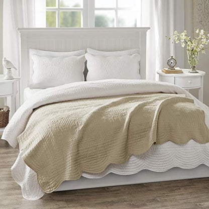 Madison Park Luxe Damask Stitching Throw Blanket, 60"x72" - color: Scalloped Edges Khaki, size: 60"x72"