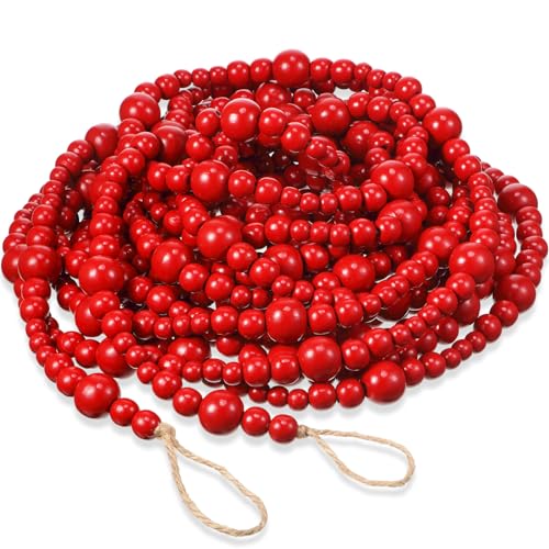 Giegxin 1 Pcs 32.8 ft 4th of July Wooden Bead Garland Patriotic Hanging Garland Farmhouse Beads Decor for Independence Day Mantel Table Party Wall Home Decorations (Red) - color: Red