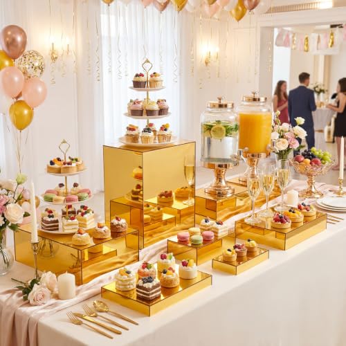 Leinuosen 7 Pcs Large Acrylic Buffet Risers, 6-12" Rectangle, Gold - color: Gold, size: 6" to 12", style: Rectangle