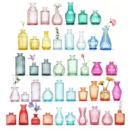 42 Pcs Vases Bulk Colored Glass Bud Vases Set, Assorted Vintage Bud Vases - color: Colorful Series