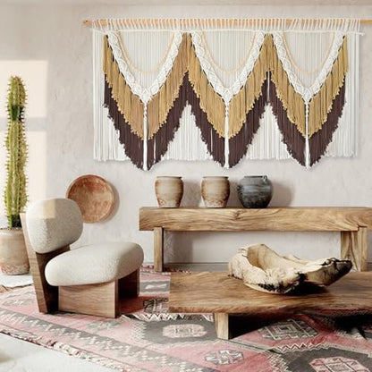 Macrame Wall Hanging Brown Tassel Knotting Fiber Art Boho Decor 47" W*25" L - color: Brown