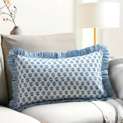 CPC Apatite Blue Block Print Ruffle Sham Pillow Cover 12x20 Inch, Pack of 1 - color: Apatite Blue, size: 20" x 12" (Pack of 1)
