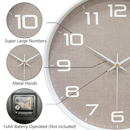 8 Inch Modern Wall Clocks Battery Operated - Silent Non Ticking Quartz Analog Clock with Large Numbers Burlap Texture, Digital Wall Clock for Bedroom Living Room Kitchen Office Gym, White - color: White Brown, size: 8 Inch