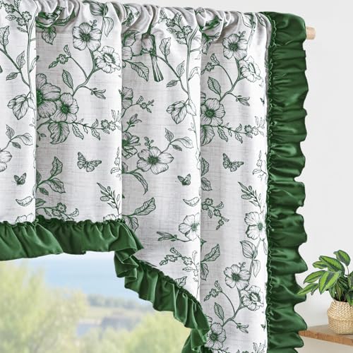 Yinhua Floral Valances for Windows, French Country Ruffle Swag Curtains, Linen Light Filtering Window Valances Rod Pocket Kitchen Curtains Valance for Living Room, 60" W x 36" L, 1 Panel, Green - color: Green, size: 60"W x 36"L (Pack of 1)