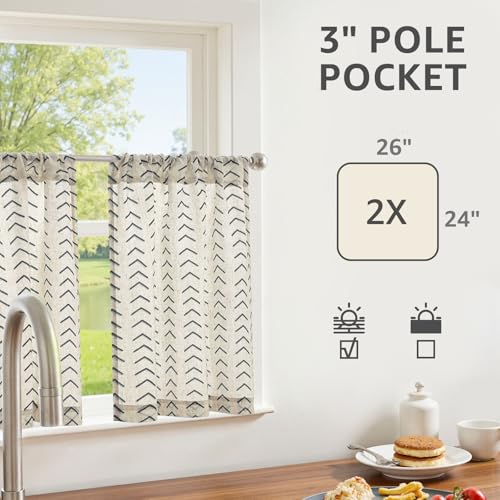 jinchan Black Boho Linen Kitchen Tier Curtains 24 Inch Rod Pocket 2 Panels - color: Arrow | Black on Linen, size: 26"W x 24"L (Pack of 2)
