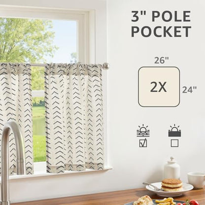 jinchan Black Boho Linen Kitchen Tier Curtains 24 Inch Rod Pocket 2 Panels - color: Arrow | Black on Linen, size: 26"W x 24"L (Pack of 2)