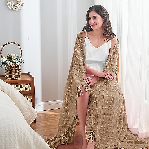 inhand Khaki Knitted Throw Blanket for Couch and Bed, 60"x80" - color: Khaki, size: 60"x80"