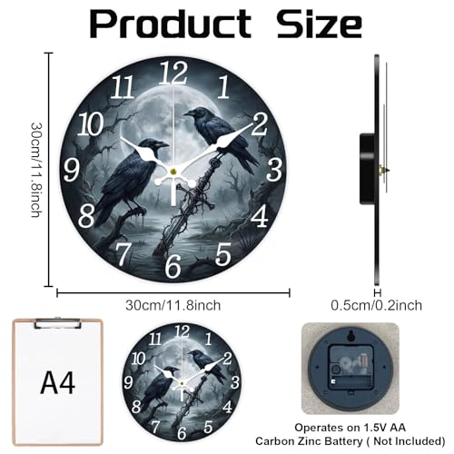 Halloween Raven Wall Clock Silent Non-Ticking 12" for Living Room Decor - color: Raven