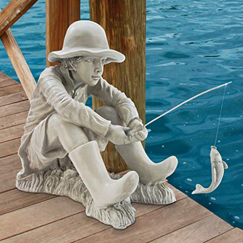 Design Toscano Gone Fishing Fisherman Boy Garden Statue, 17 Inch Tall, Cast Stone Resin, Two Tone Stone Finish - color: Gone Fishing Fisherman