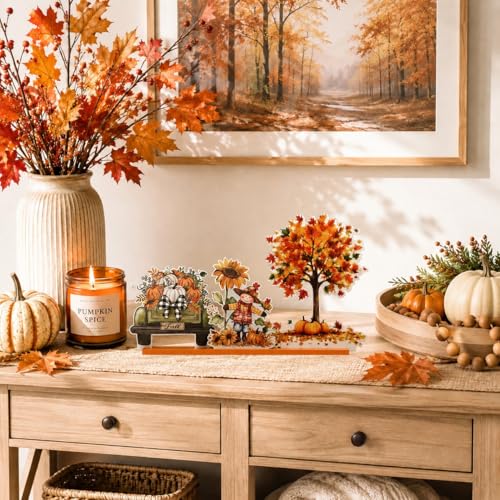 Smile Fall Thanksgiving Halloween Wooden Standing Decor, Truck Pumpkin Scarecrow Sunflower Tiered Tray Signs with Stands for Rustic Farmhouse Home Decor - style: Fall Scarecrow