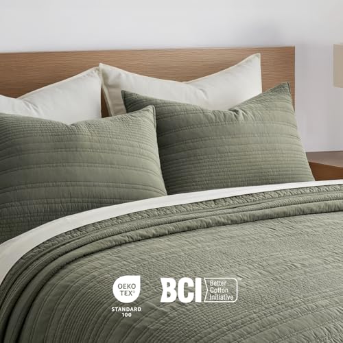EVERGRACEHOME 100% Cotton Modern Lines Quilt Set Queen Size, Olive Green - color: Olive Green, size: Full/Queen (92" X 92")