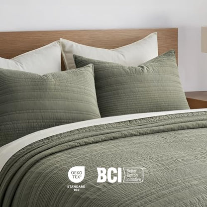 EVERGRACEHOME 100% Cotton Modern Lines Quilt Set King Size, Olive Green - color: Olive Green, size: King (108" X 92")