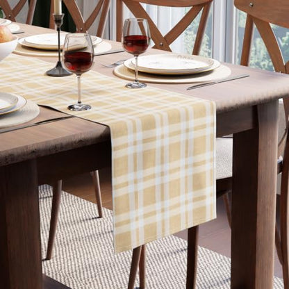 Encasa XO Table Runner, Woven Cotton Dining Linens 13"x59" Beige - color: Franca Beige Checks, size: 13x59 in
