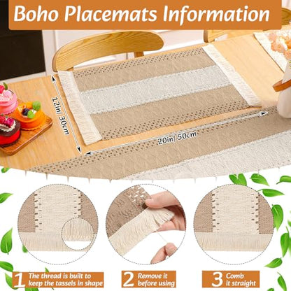 Boho Table Runner and Placemats Set, 6 Sets, Khaki B, 12x72 - color: Khaki B, size: 12x72"