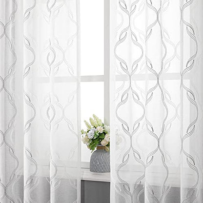 VISIONTEX Grey and White Sheer Curtains Moroccan Embroidered 96 Inches - color: A-grey, size: 54"W x 96"L (Pack of 2)