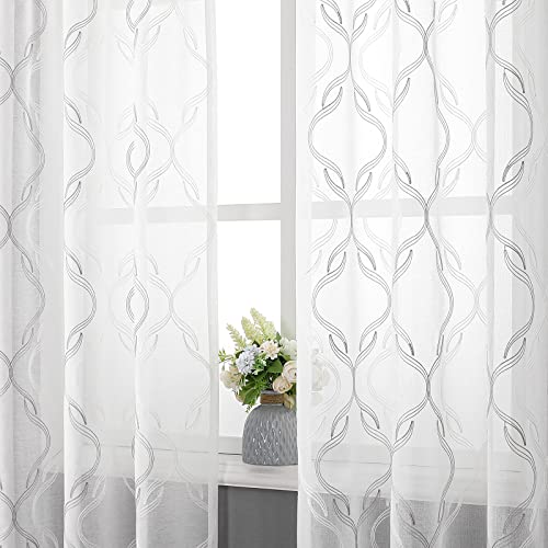 VISIONTEX Grey and White Sheer Curtains Moroccan Embroidered 96 Inches - color: A-grey, size: 54"W x 96"L (Pack of 2)