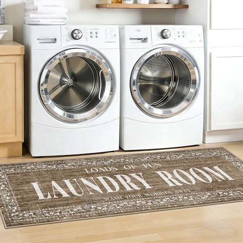 Washable Runner Rug for Laundry Room: Non Slip 20"x60" Laundry Rug Vintage Distressed Indoor Low Pile Carpet for Washroom Bathroom Area Durable Soft Floor Mat for Family with Kids & Pets 20"x60" Brown - color: Brown, size: 1'8" x 5' (Rectangular)