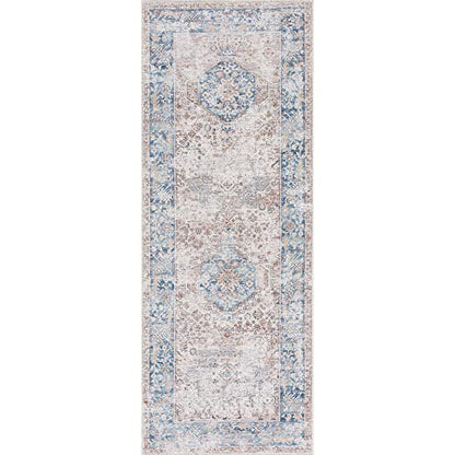 Bloom Rugs Caria Washable Non-Slip 7 ft Runner - Beige/Ocean Blue Traditional Runner for Entryway, Hallway, Bathroom, and Kitchen - Exact Size: 2'6" x 7' - color: Beige / Ocean Blue, size: 2'6" x 7' (Runner)