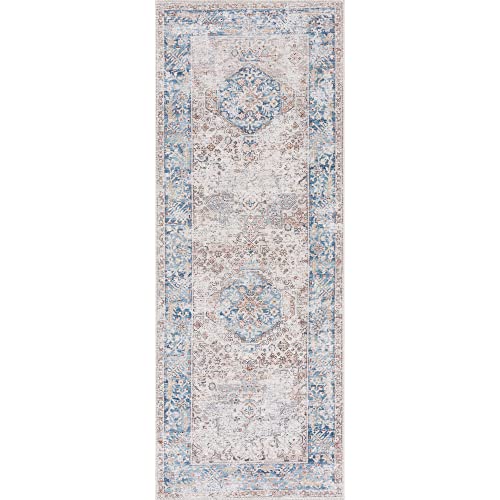 Bloom Rugs Caria Washable Non-Slip 12 ft Runner - Beige/Ocean Blue Traditional Runner for Entryway, Hallway, Bathroom, and Kitchen - Exact Size: 2'6" x 12' - color: Beige / Ocean Blue, size: 2'6" x 12' (Runner)