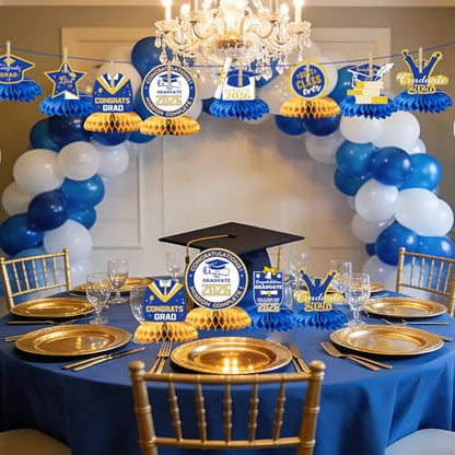 Class of 2026 Graduation Decorations - 9PCS Blue Gold Table Centerpieces, 2026 Congrats Grad Honeycomb Centerpieces Table Decor for Graduation Party Supplies - style: Graduation