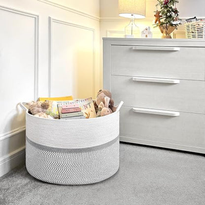 CHICVITA 85L Large Cotton Rope Blanket Basket with Handles, Grey - color: Gray