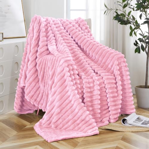 Taliska Ribbed Fleece Throw Blanket for Bed, Pink, 90"x90" - color: Pink, size: Throw(90"x90")