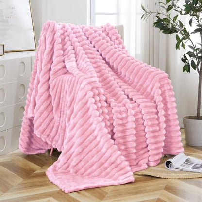 Taliska Ribbed Fleece Throw Blanket for Bed, Pink, 90"x90" - color: Pink, size: Throw(90"x90")