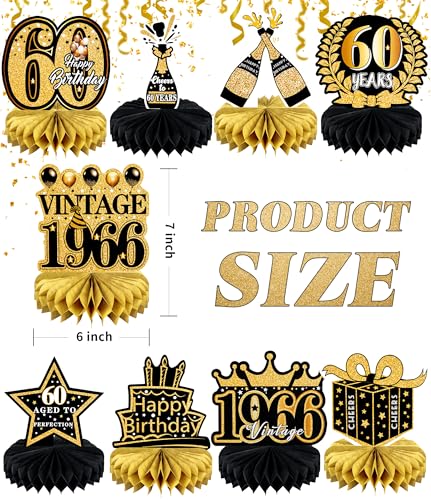 9 Pcs 60th Birthday Decoration for Men Women Table Honeycomb Sixty Decor - color: 60th-black and Gold