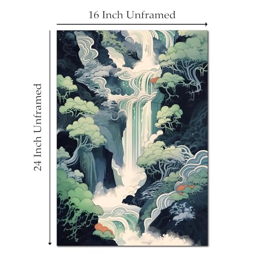 GADZRTIL Abstract Waterfall Wall Art Japanese Landscape Poster Blue Nature Pictures Japanese Waterfall Wall Art Abstract Hokusai Canvas Wall Art Abstract Landscape Artwork 16x24inch No Frame - color: Waterfall Art-Unframed