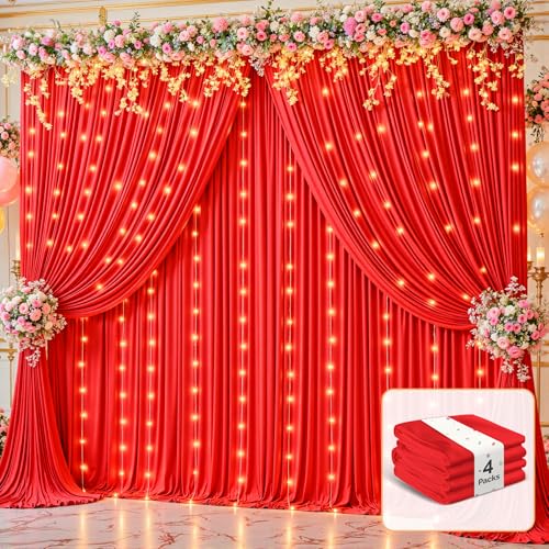 20ft x 10ft Red Backdrop Curtains with Lights String for Party - color: Red, size: W5' x H10'(4 panels)