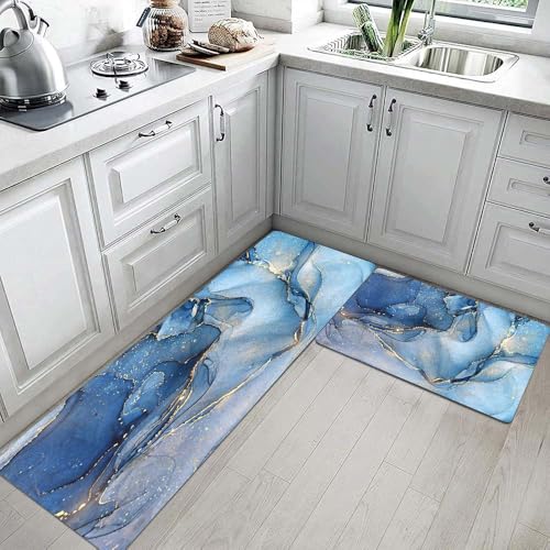 Mrcrypos Set of 2 Blue and Gold Marble Kitchen Mats PVC Leather Waterproof - color: Blue Marble, size: 17" W x 29" L + 17" W x 47" L