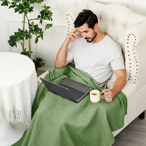 PHF 100% Cotton Waffle Throw Blanket Lightweight Breathable, Loden Green - color: Loden Green, size: Throw(50" x 60")