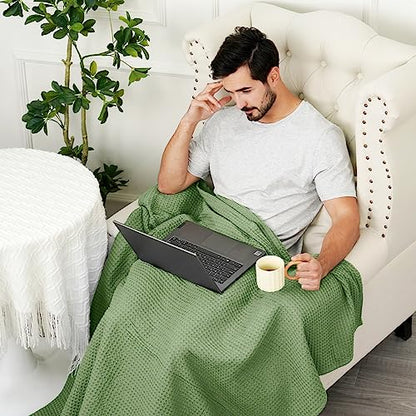 PHF 100% Cotton Waffle Throw Blanket Lightweight Breathable, Loden Green - color: Loden Green, size: Throw(50" x 60")
