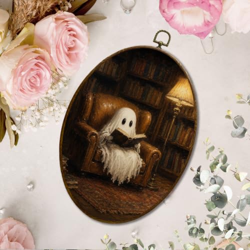JQF Spooky Ghost Bookish Reading Oval Wall Decor Framed 8.5x11.5 Inch - color: ghost-3