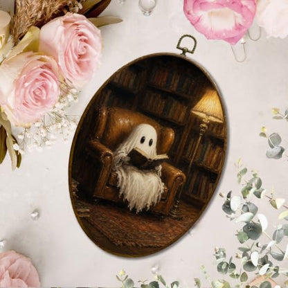 JQF Spooky Ghost Bookish Reading Oval Wall Decor Framed 8.5x11.5 Inch - color: ghost-3