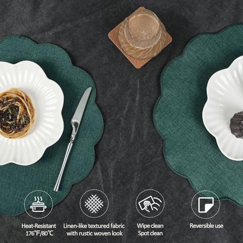 AHHFSMEI Round Scalloped Placemats Set of 6 15 Inch Faux Linen - color: Forest Green
