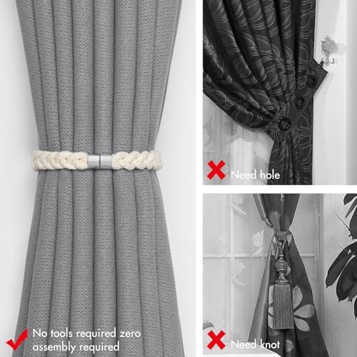 NICEEC 2 Pack Natural Cotton Rope Curtain Tiebacks Elegant Boho Style Magnetic Drape Tie Backs Soft Hand-Woven Rope Curtain Holdbacks for Home & Office Drapery (Cotton rope-01) - color: Cotton Rope-01, size: 2 Pack