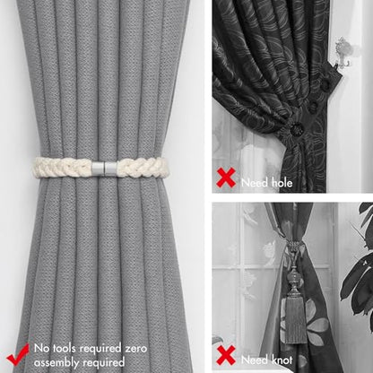 NICEEC 2 Pack Natural Cotton Rope Curtain Tiebacks Elegant Boho Style Magnetic Drape Tie Backs Soft Hand-Woven Rope Curtain Holdbacks for Home & Office Drapery (Cotton rope-01) - color: Cotton Rope-01, size: 2 Pack
