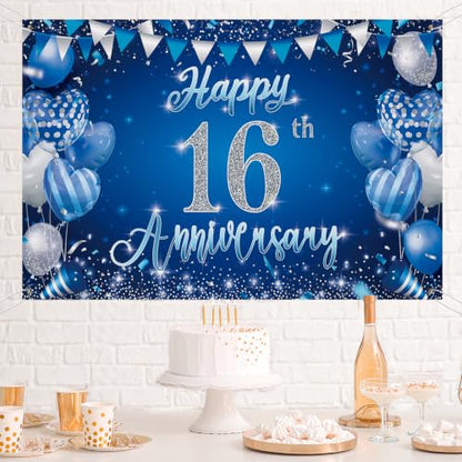 16th Anniversary Backdrop,Blue Silver 16th Wedding Anniversary Background - color: Blue, size: 16th