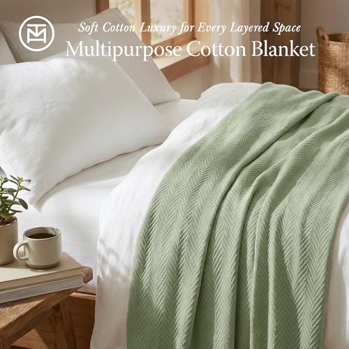 Threadmill Luxury 100% Cotton Twin Herringbone Blanket, Sage Green - color: Sage Green, size: Twin (68" x 92")