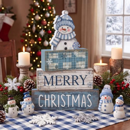 Lineshading 4 Pcs Christmas Table Decor, Blue Snowman Wooden Block Signs - style: Blue Snowman
