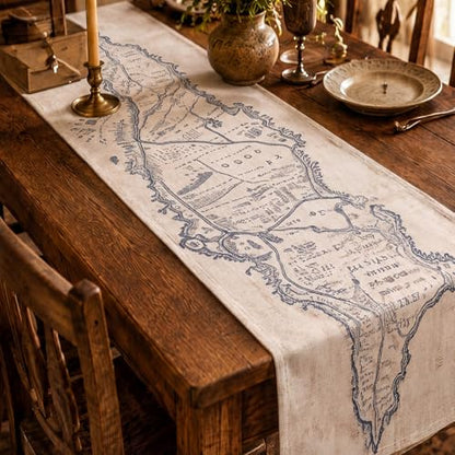Preboun Retro Earth Map Linen Table Runner, Halloween Medieval Decor - style: Retro Fantasy Map